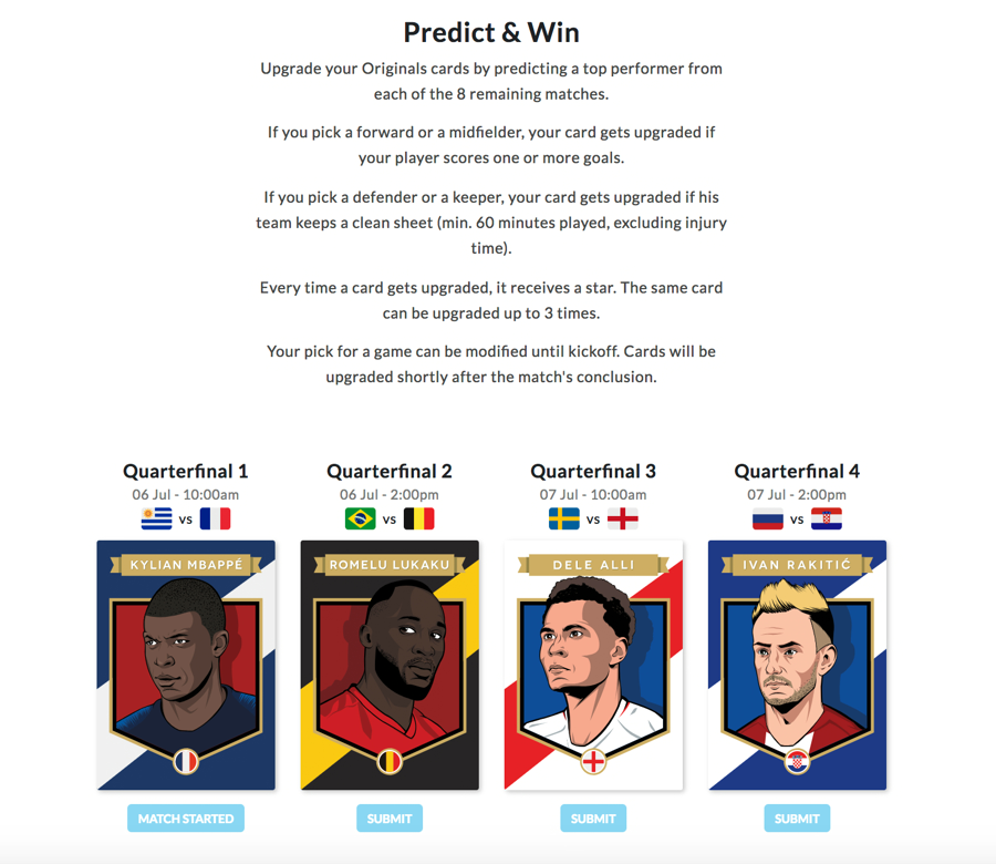 Starred CryptoStrikers cards earned during the 2018 World Cup knockout stages